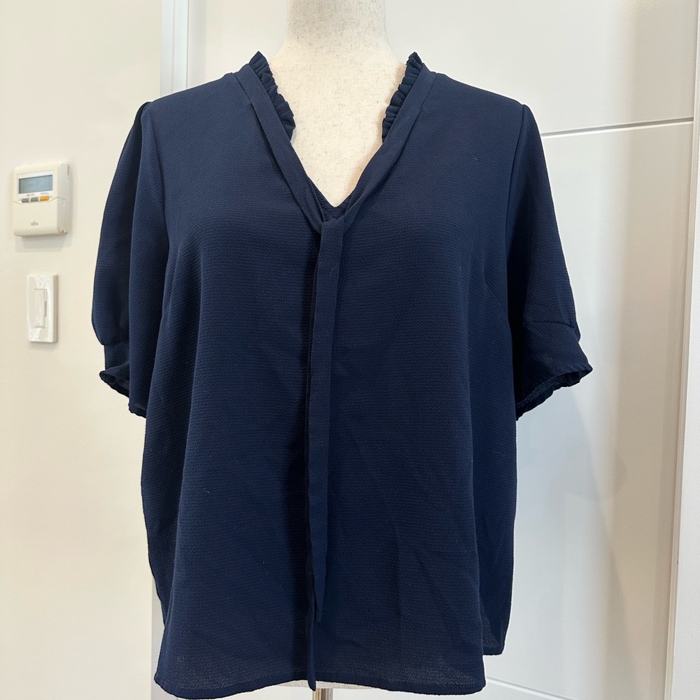 CeCe Ruffle Tie Neck Top, Navy, Large